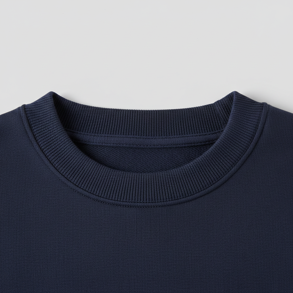 Détail col rond sweat Chocolatine marine – tissu lisse coton bio certifié GOTS