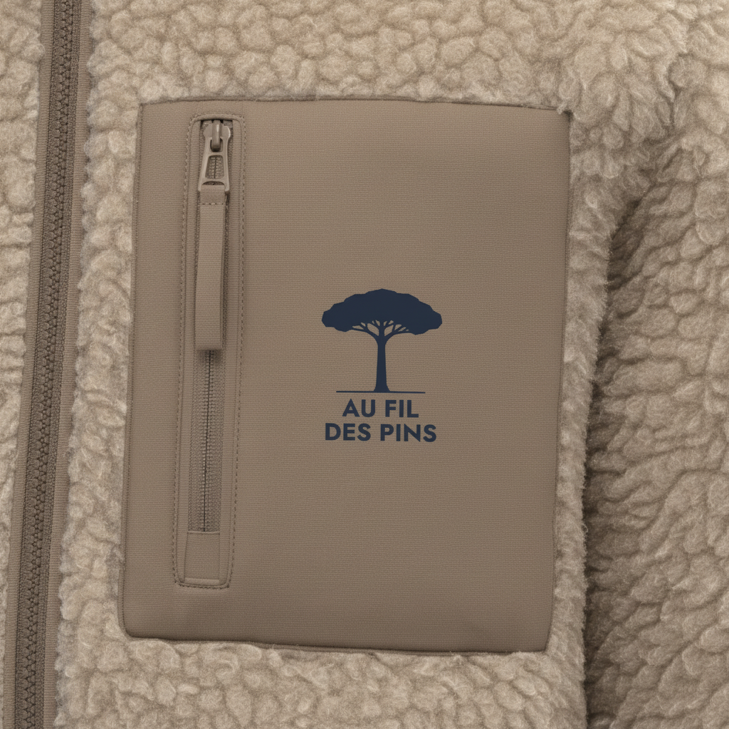 Logo Au Fil des Pins imprimé DTF sur veste sherpa beige