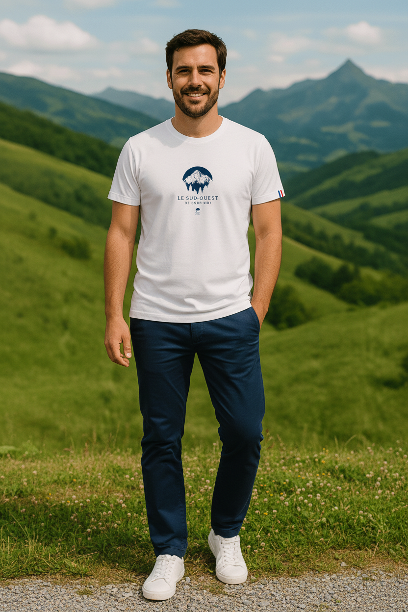 Mannequin caucasien plan de pied avec t-shirt Pyrénées et chino marine
