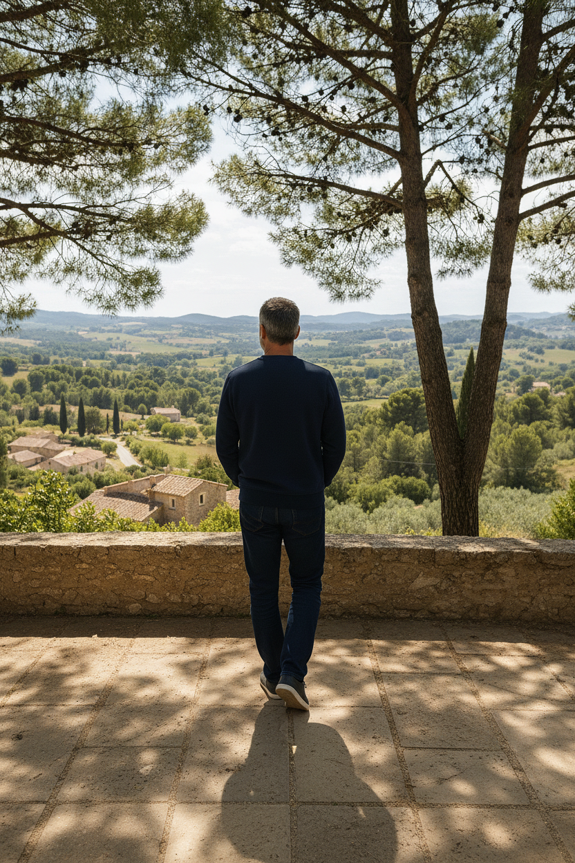 Mannequin de dos sweat navy sous pins regardant paysage
