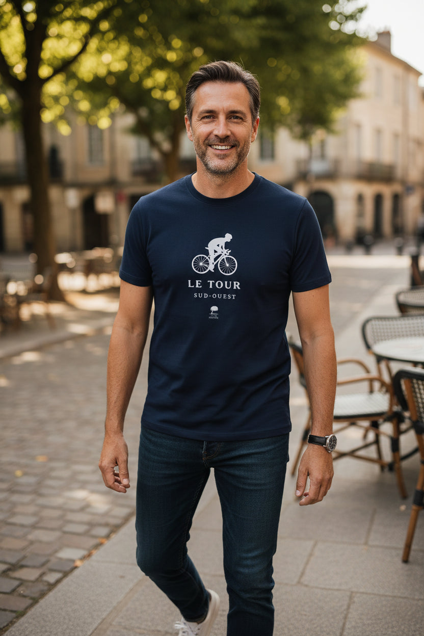 T-shirt homme “Le Tour” couleur marine, coupe droite, coton biologique, porté par mannequin – style cyclisme Sud-Ouest
