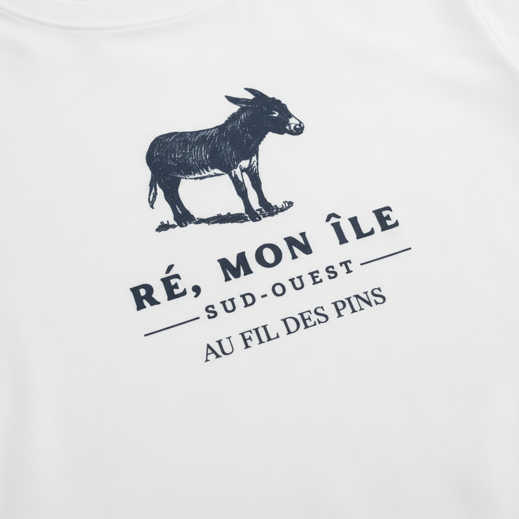Détail design âne Ré mon île sur t-shirt blanc coton bio