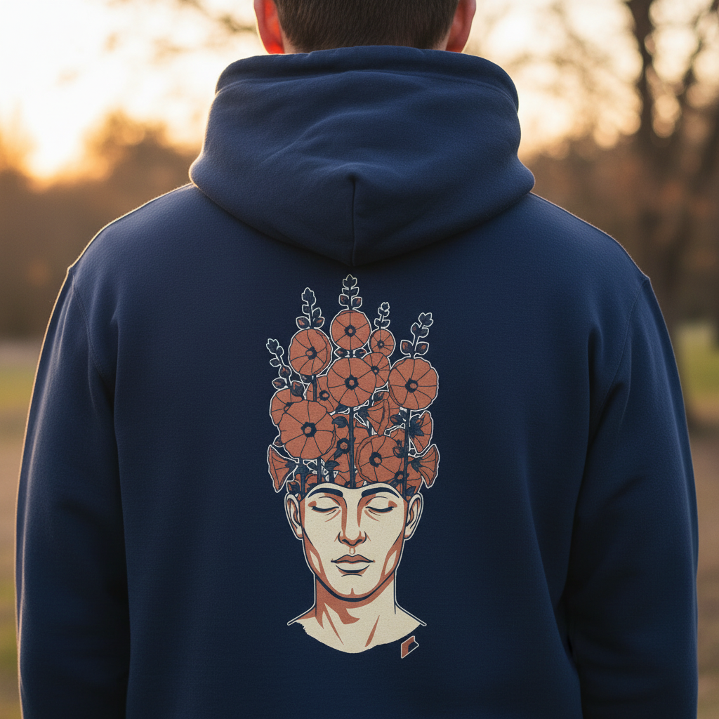 Plan serré dos - sweat marine design roses trémières