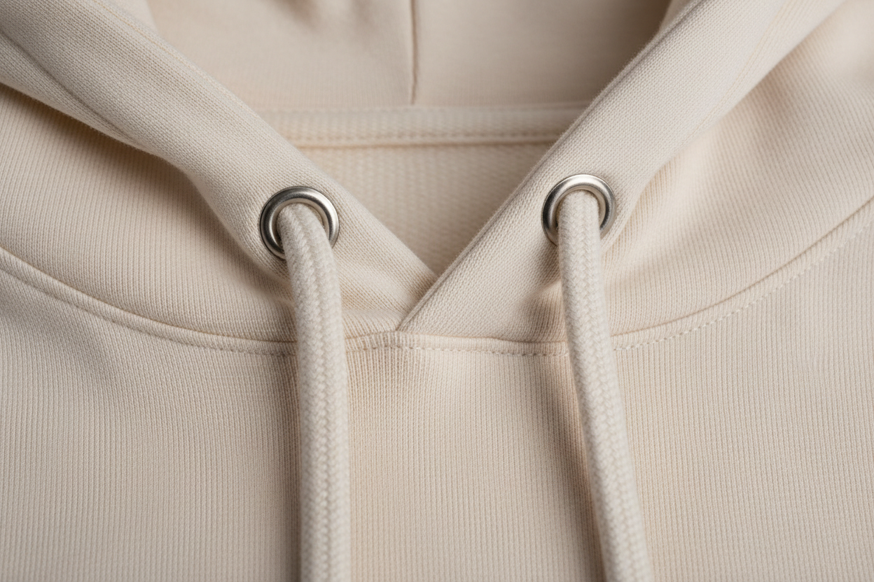 Détail tissu sweat à capuche coton bio 350g/m² texture premium éco-responsable