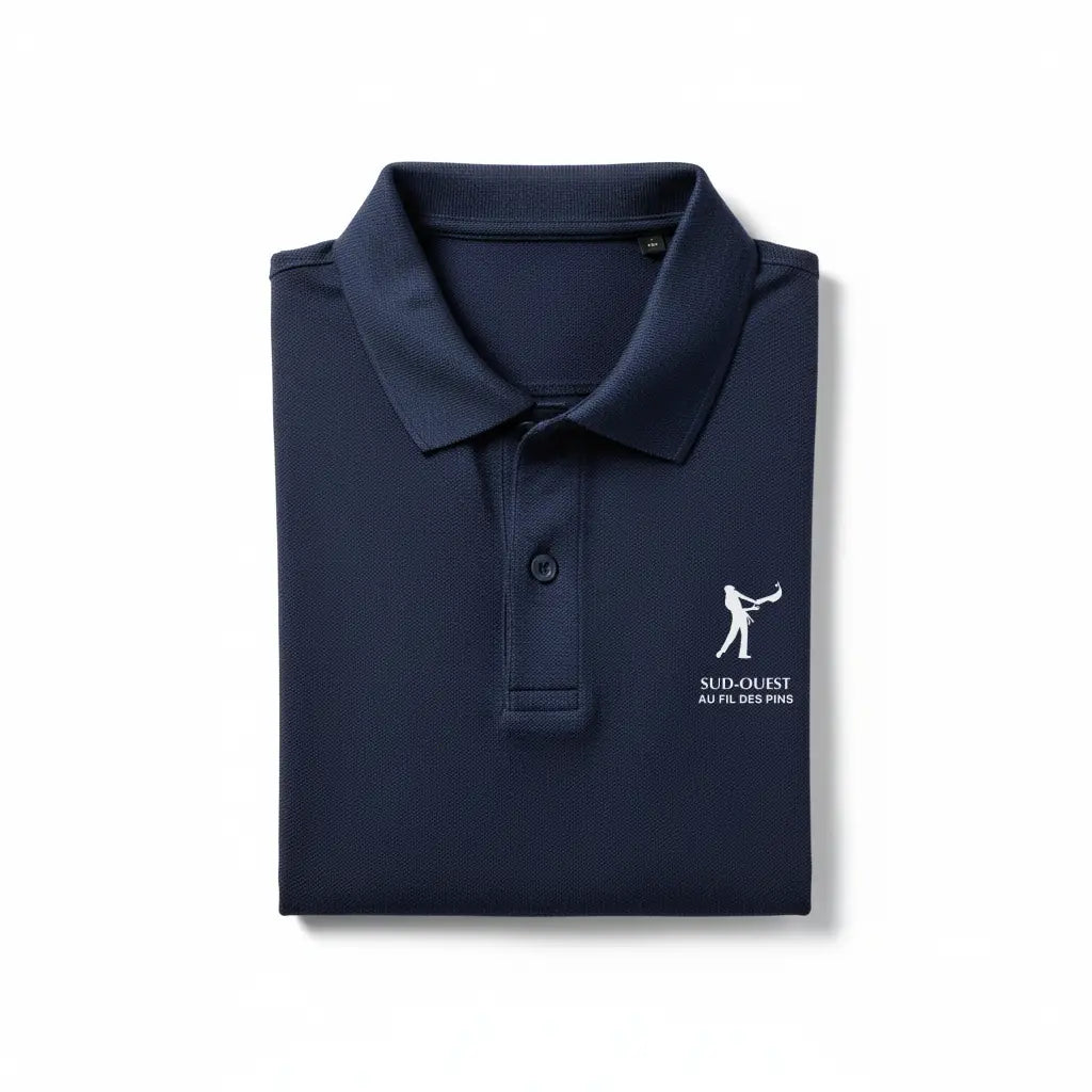 "Plan serré sur la poitrine du polo Pelote Basque bleu marine - détail col et boutons