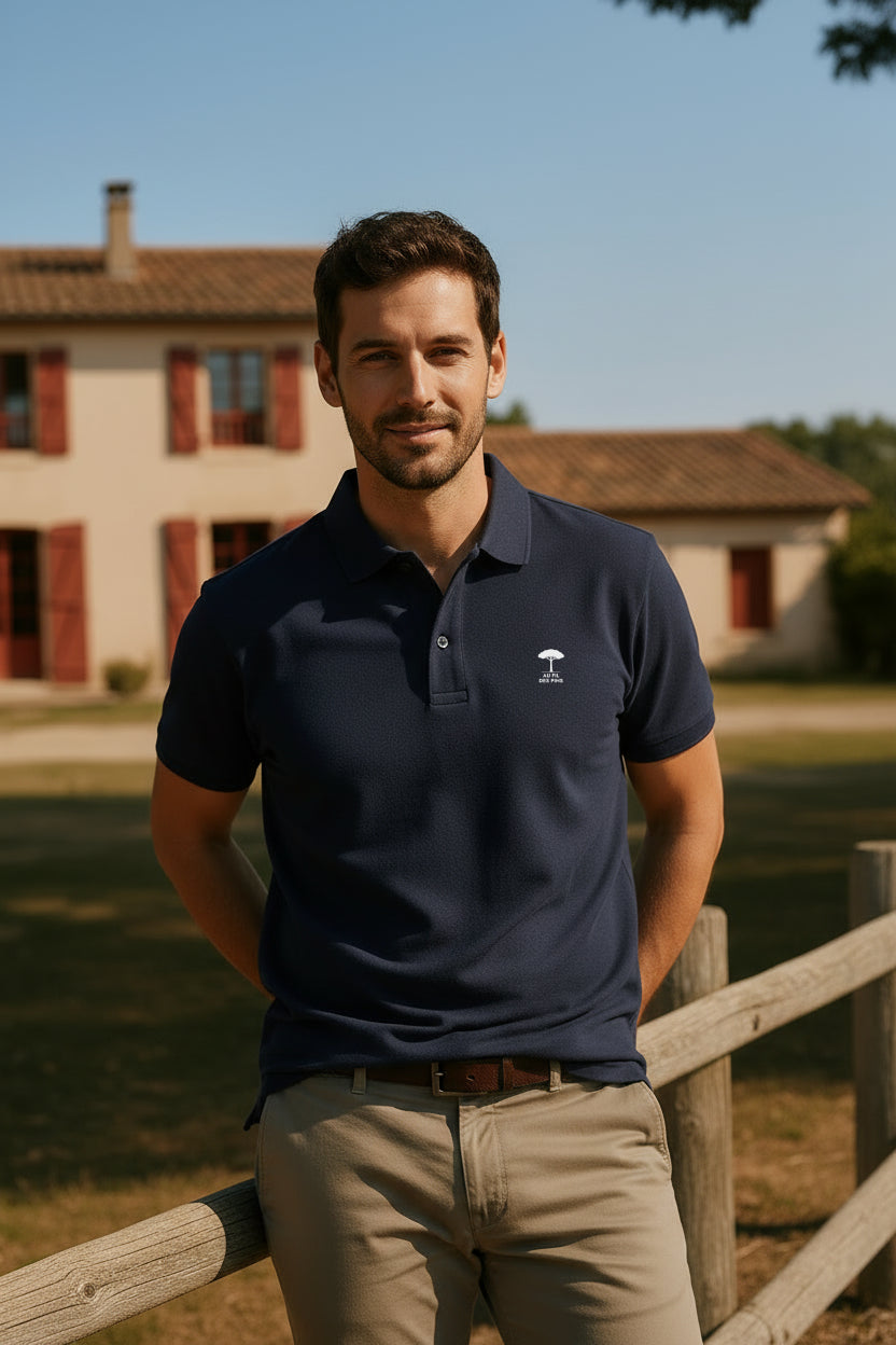 Homme en polo bleu marine Au Fil des Pins devant une maison de campagne du Sud-Ouest – Au Fil des Pins