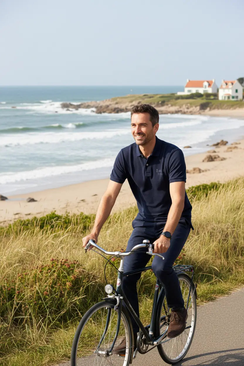 Homme à vélo en polo bleu marine Île de Ré coton bio sur un chemin côtier – Au Fil des Pins