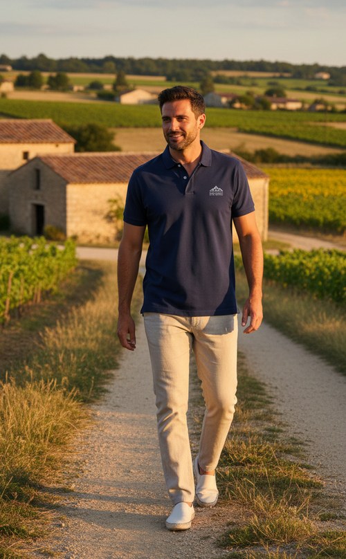 Homme en polo bleu marine Pyrénées se promenant dans les vignes au coucher du soleil – Au Fil des Pins