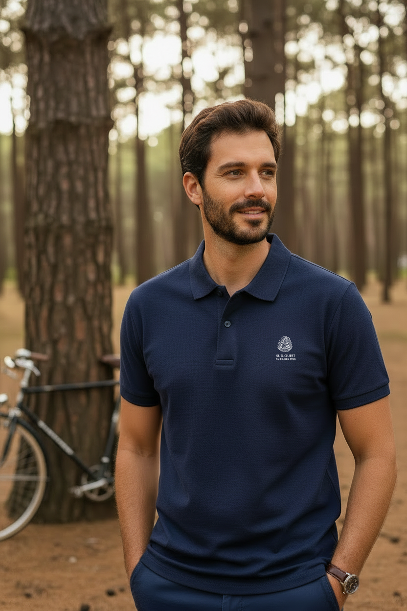 Homme en polo bleu marine Pomme de Pin dans une forêt de pins maritimes – Au Fil des Pins