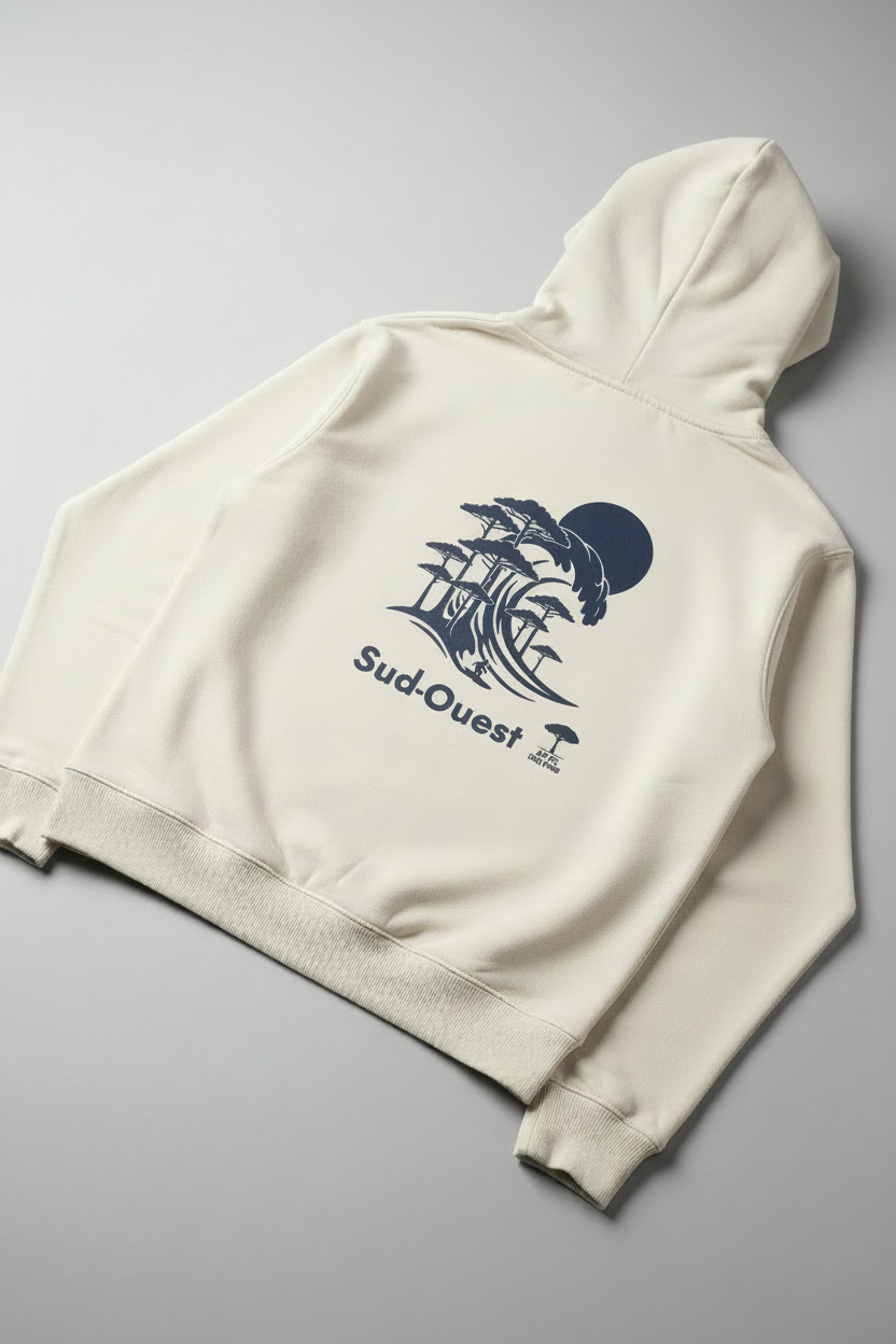 Shooting pro – hoodie ivoire plié, capuche relevée, dos DTF