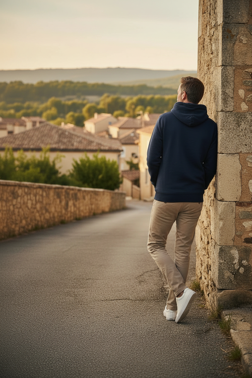 homme portant sweat à capuche marine Adiou, de dos-