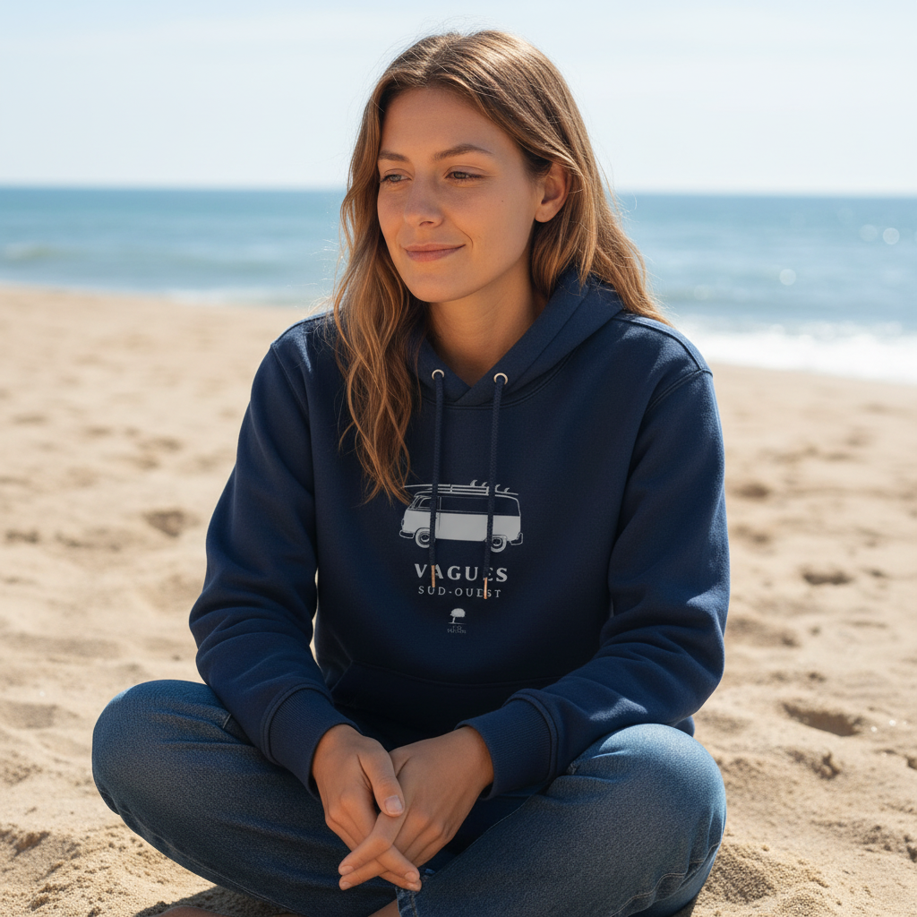 femme sur la plage de Hossegor portant sweat à capuche Surf-Au Fil des Pins