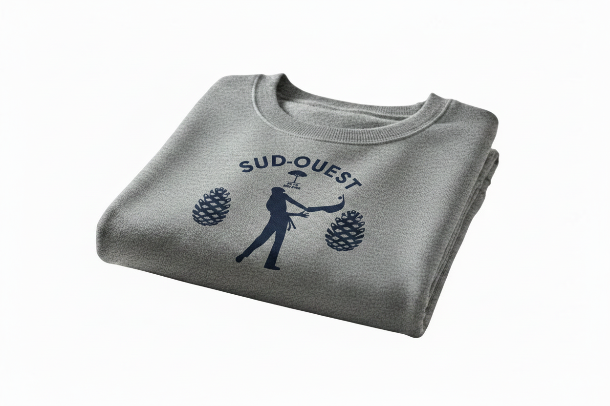 Sweat gris chiné plié – Design DTF Pelote basque navy