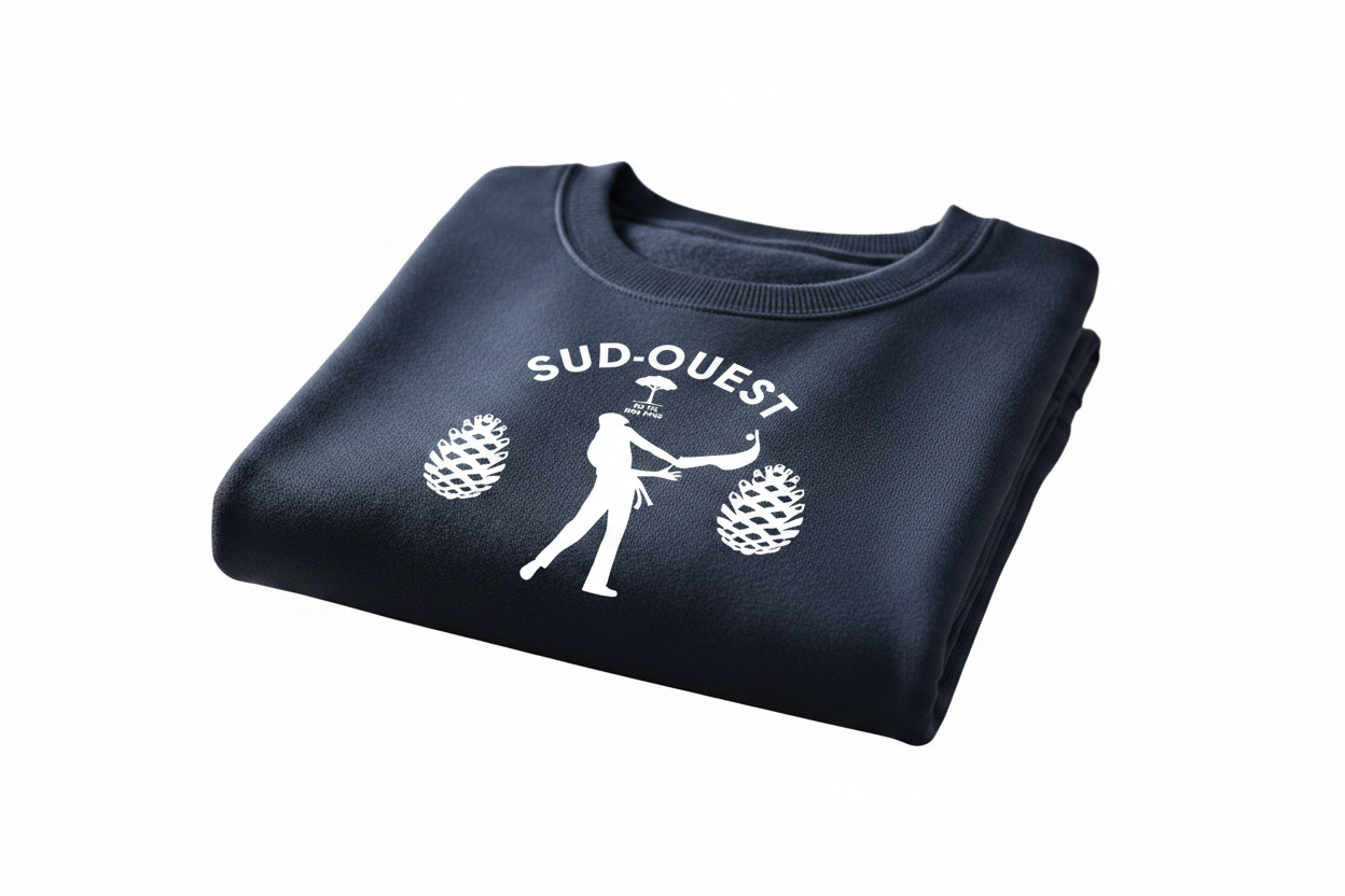 Sweat marine plié – Design DTF Pelote basque blanc, fond blanc