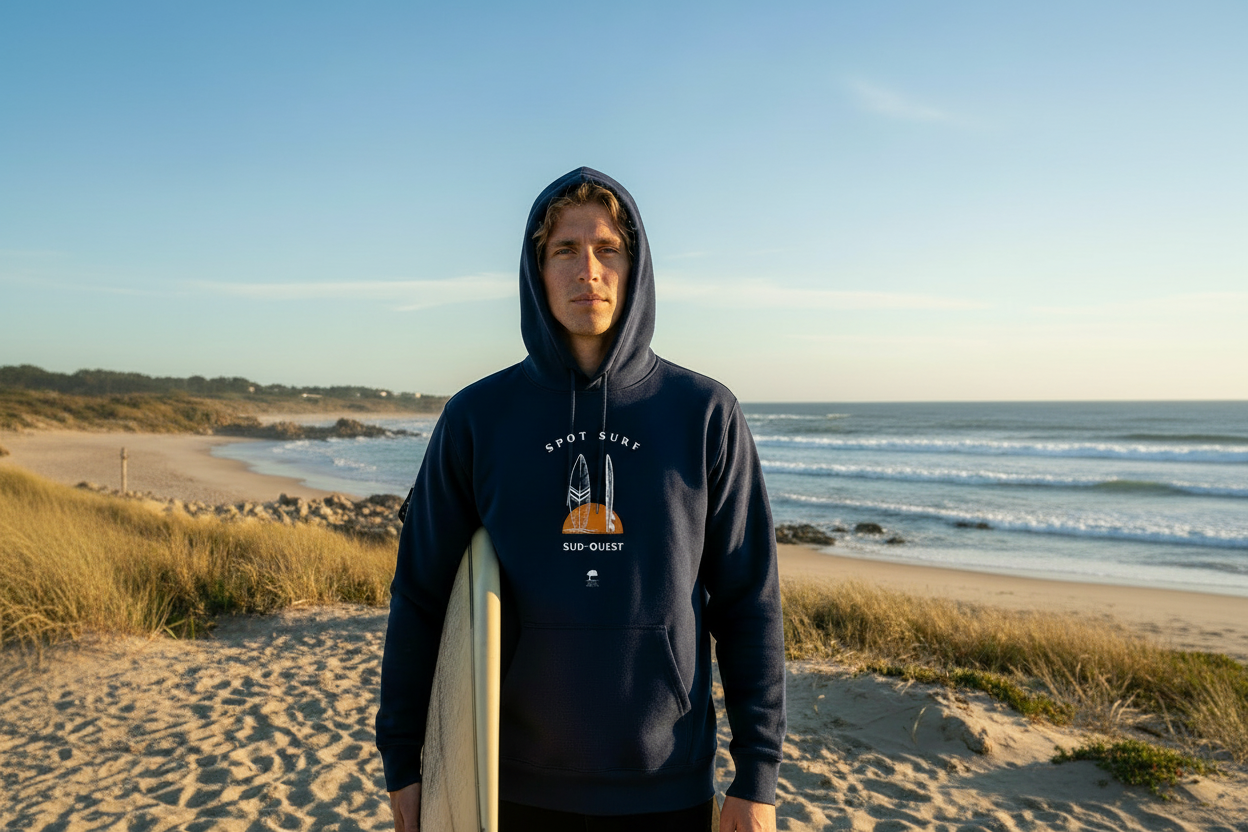 Sweat surf coton bio Spot Sud-Ouest - Surfeur plage Landes