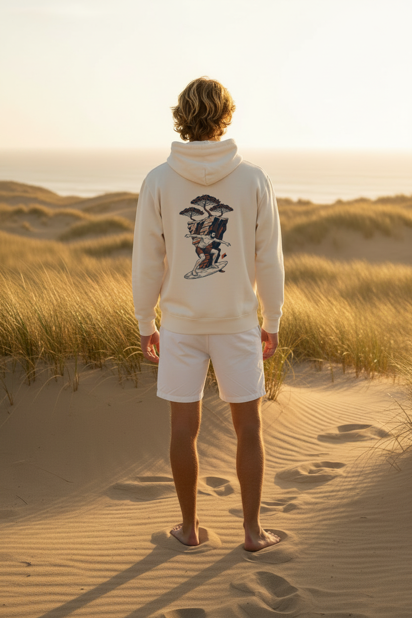 Sweat surf homme ivoire - dos - dunes Landes au coucher du soleil - Au Fil des Pins