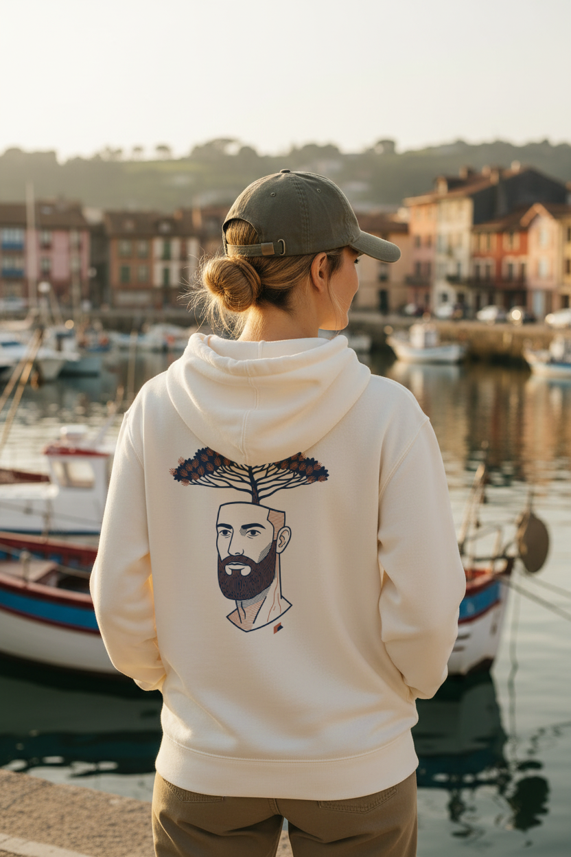 Homme de dos en sweat à capuche marine Portrait Landes, coton bio devant la vallée des Pyrénées – Au Fil des Pins
