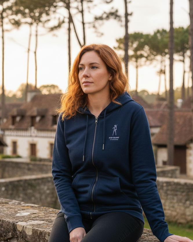 Femme cheveux auburn sur muret avec sweat à capuche marine-Au Fil des Pins