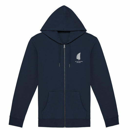 Sweat à capuche zippé marine avec imprimé Fougère inspiré du Sud-Ouest, confortable et éco-responsable
