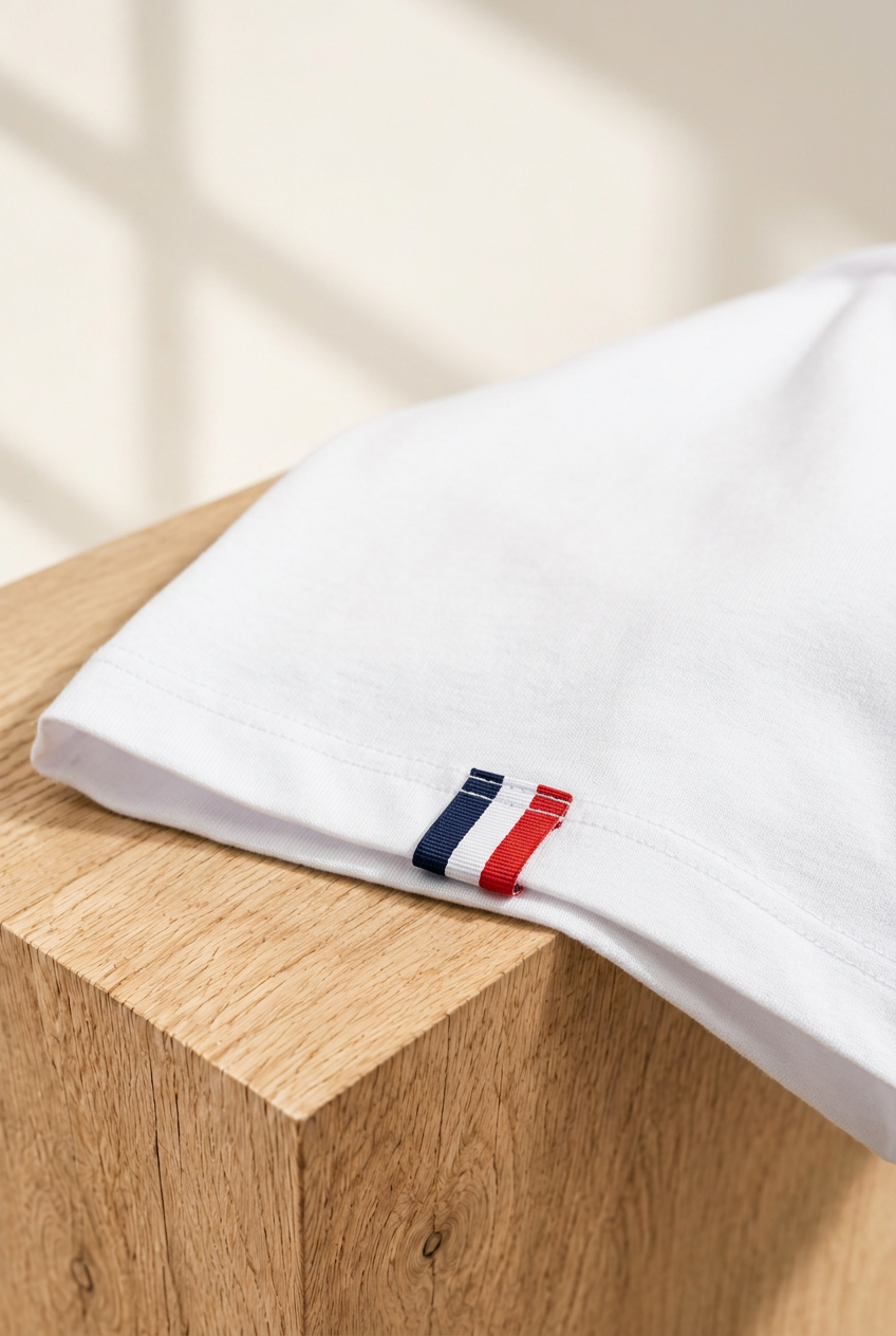 T-shirt blanc à l'étiquette tricolore présenté sur un bloc de bois marron foncé, lumière douce