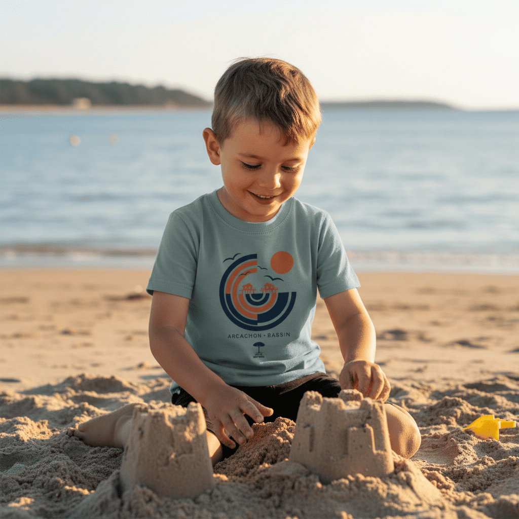 Enfant portant un t-shirt Arcachon · Bassin Au Fil des Pins, jouant sur la plage