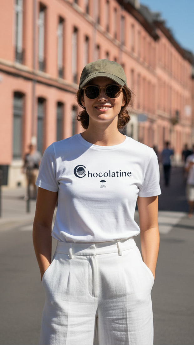 Femme en t-shirt blanc Chocolatine coton bio GOTS dans une rue de Toulouse – Au Fil des Pins