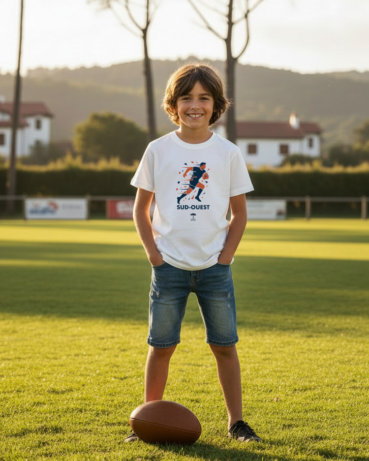 Enfant en t-shirt blanc Rugby Sud-Ouest coton bio éco-responsable sur un terrain de rugby du Pays Basque – Au Fil des Pins