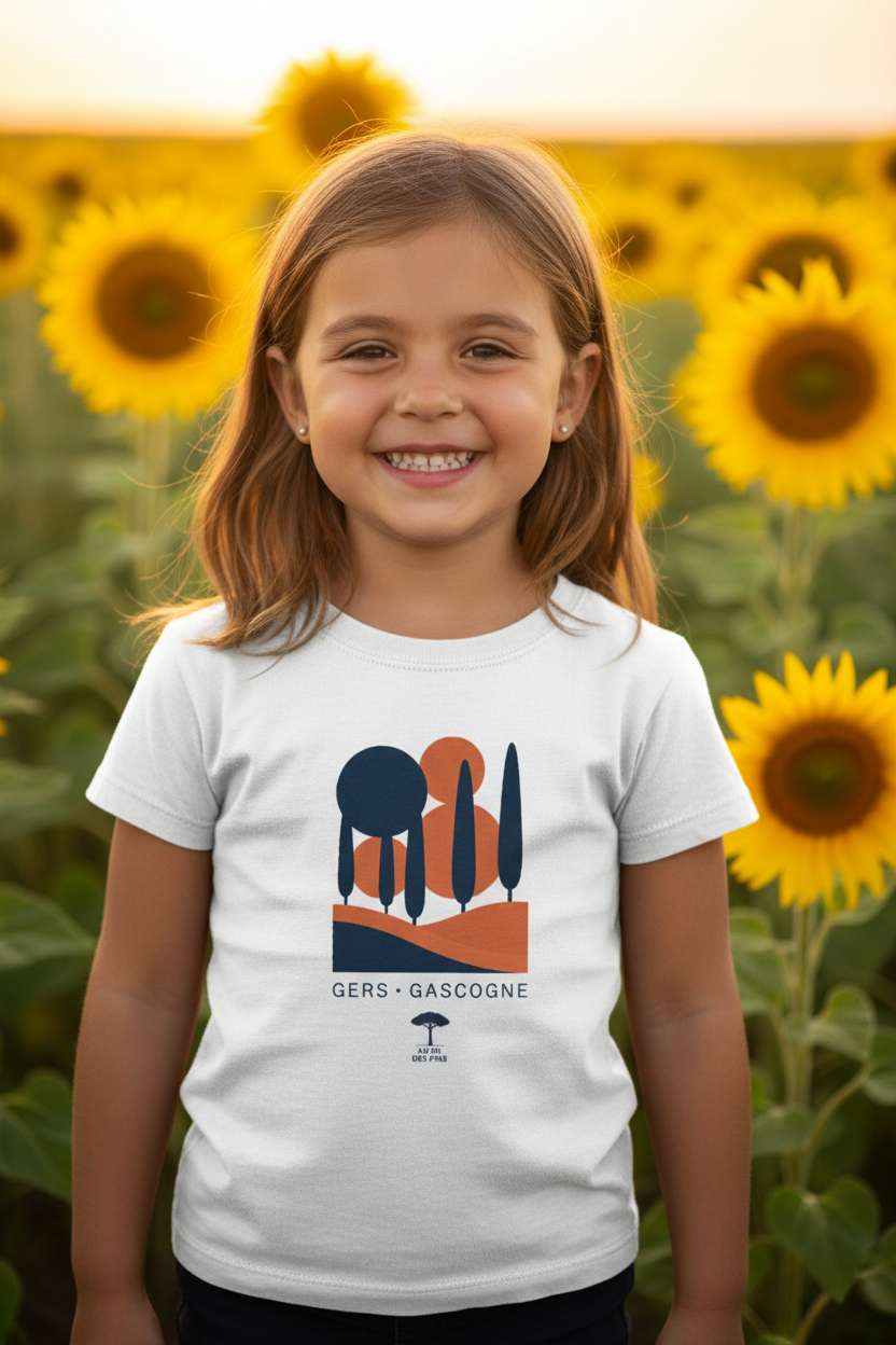 Enfant courant dans un champ de tournesols du Gers en t-shirt blanc Gers Gascogne coton bio éco-responsable – Au Fil des Pins