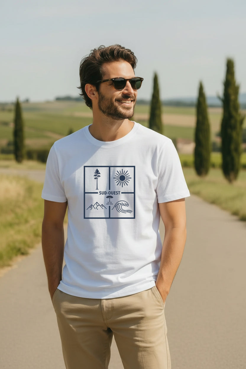 Homme en t-shirt blanc éco-responsable Sud-Ouest coton bio GOTS sur un chemin de campagne – Au Fil des Pins