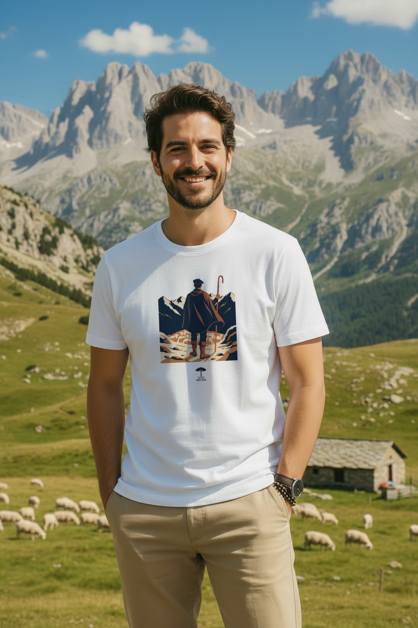 Homme en t-shirt blanc Pyrénées coton bio GOTS devant un panorama de montagne avec troupeau de moutons – Au Fil des Pins