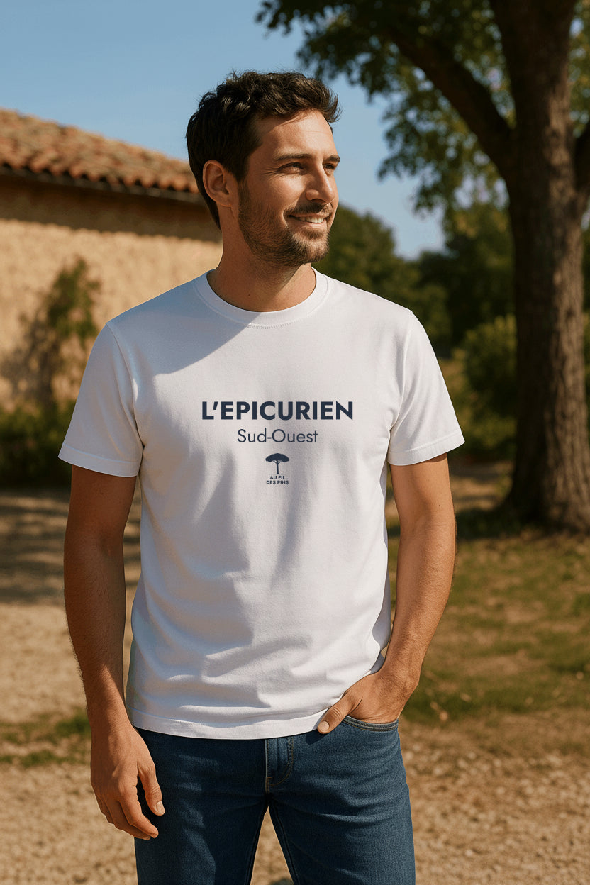 Homme souriant en t-shirt blanc L'Épicurien Made in France devant une bastide du Sud-Ouest – Au Fil des Pins