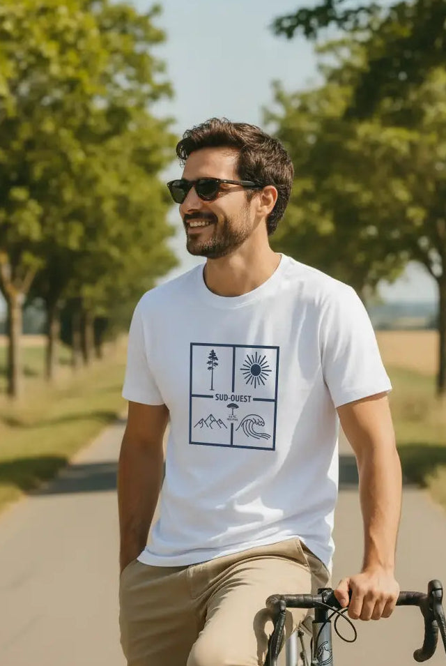 homme sur son vélo sur les routes du gers, portant un t-shirt blanc au design du sud-ouest
