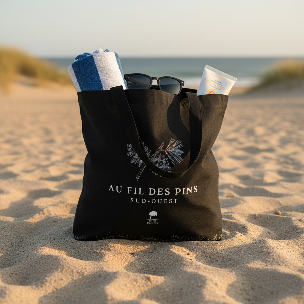 Tote bag noir branche de pin rempli d'accessoires de plage sur le sable - Côte atlantique Sud-Ouest