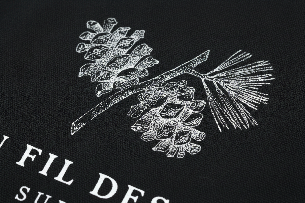 Détail tissu coton recyclé 285g/m² et design branche de pin blanc - Tote bag éco-responsable