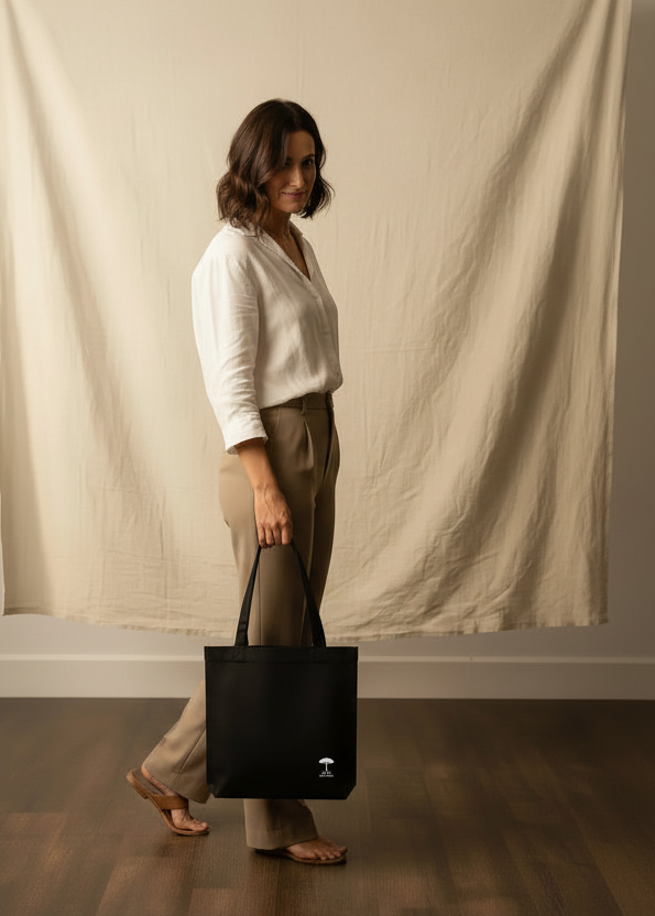 Femme tenant un tote bag noir éco-responsable en coton recyclé – Au Fil des Pins