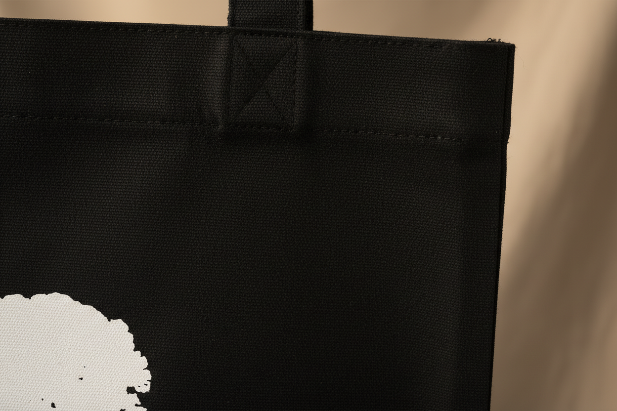 Détails macro tote bag noir Au Fil des Pins - tissu coton recyclé 285g/m² et coutures renforcées