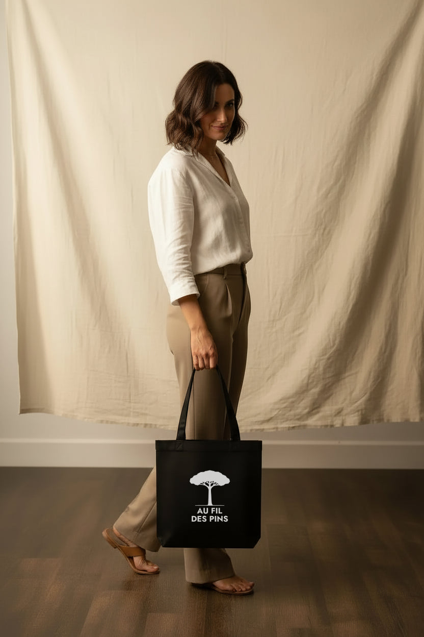 Tote Bag Noir Éco-Responsable – Au Fil des Pins | Coton Recyclé