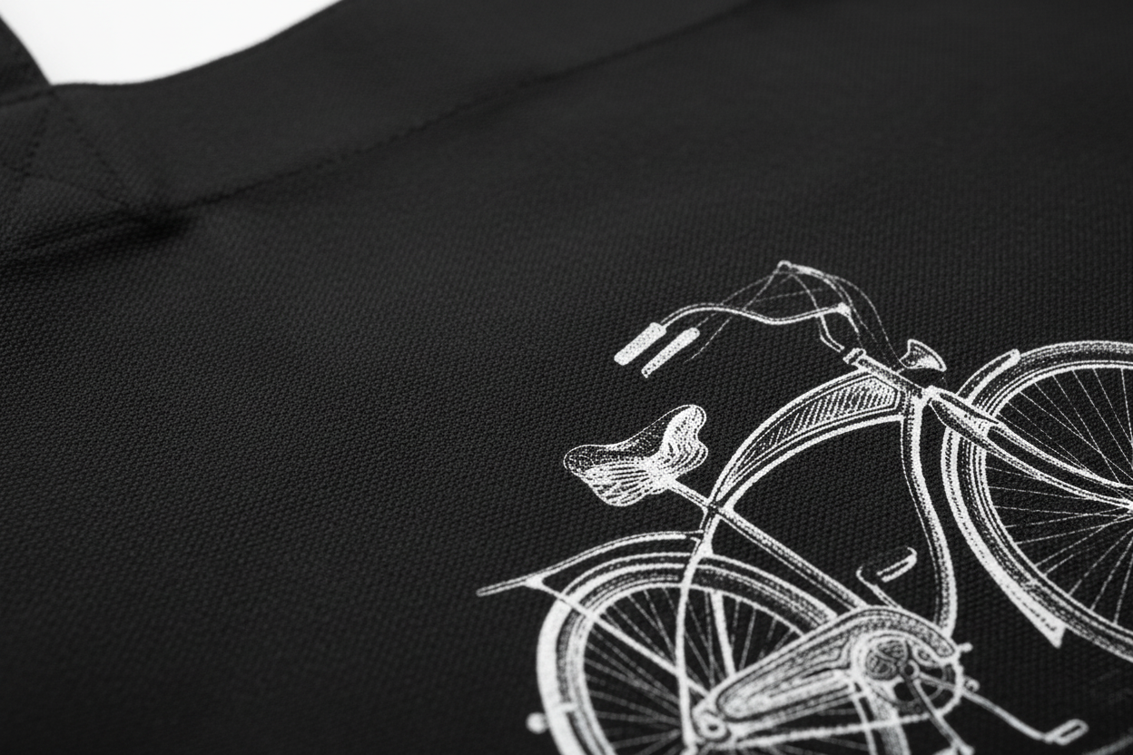 Détails macro tote bag noir éco-responsable - tissu coton recyclé 285g/m² et coutures renforcées