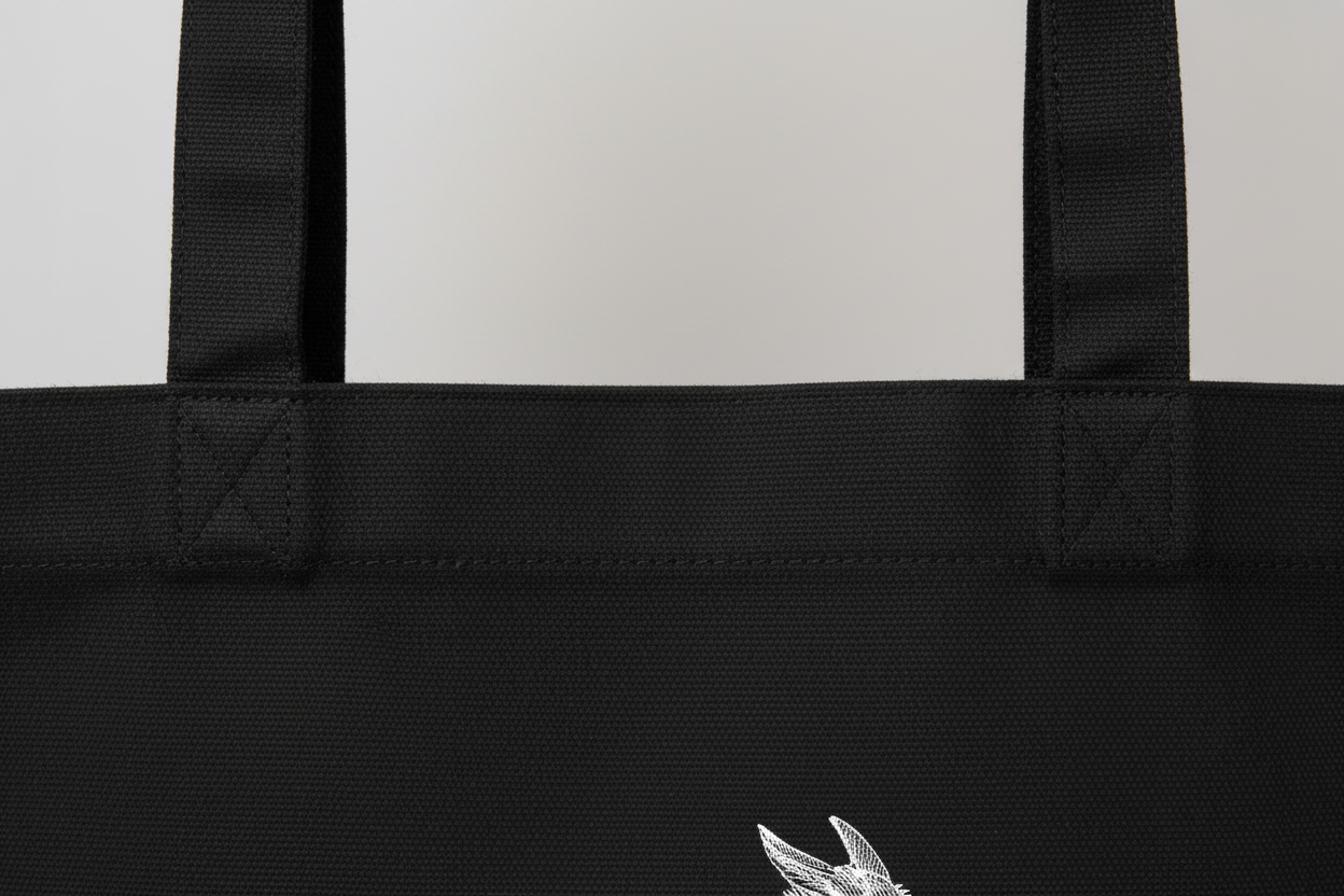 Détails macro tote bag noir Ile-de-Ré - tissu coton recyclé 285g/m² et coutures renforcées