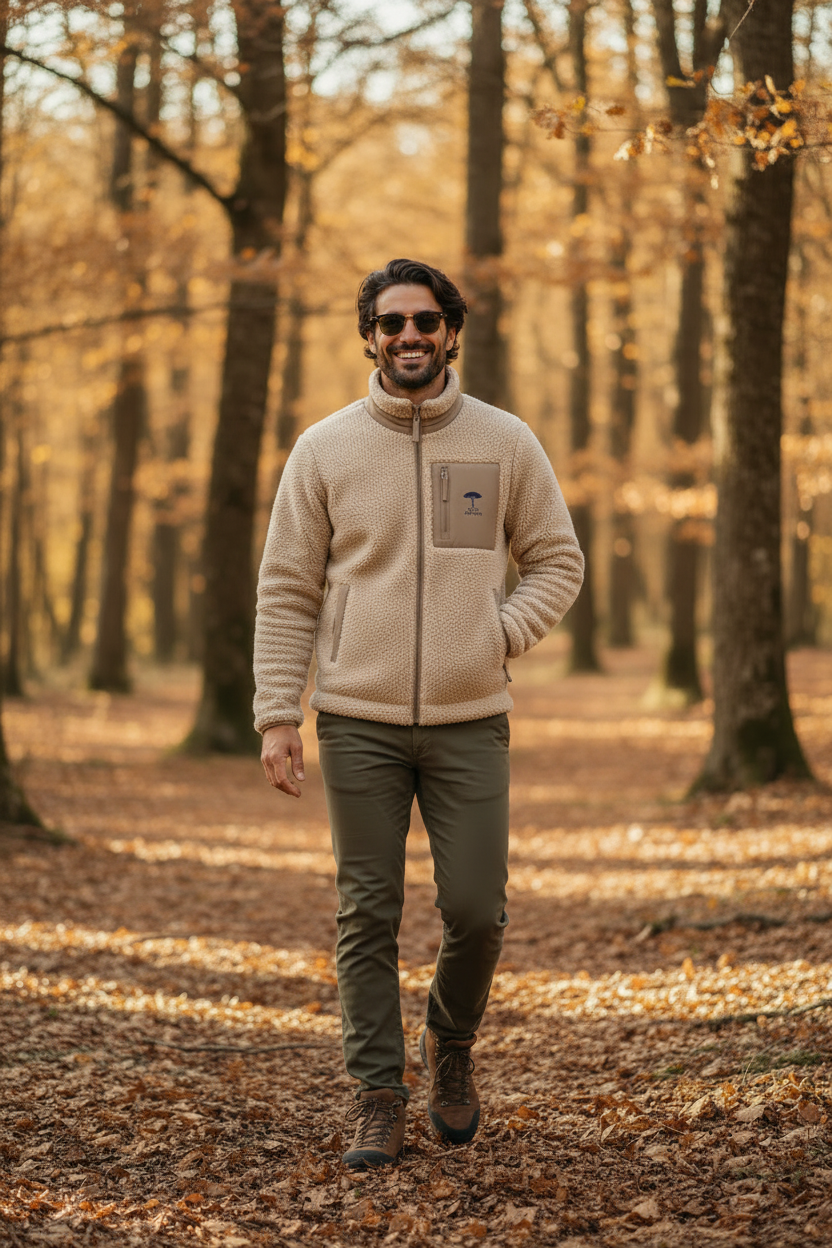 Lifestyle homme seul forêt automne avec veste polaire sherpa beige
